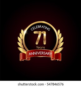 71 years gold anniversary celebration logo with red ribbon , isolated on dark background