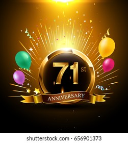71 years golden anniversary logo celebration with ring, ribbon, firework, and balloon