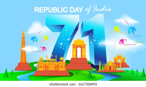 71 years india republic day with monuments. - Vector