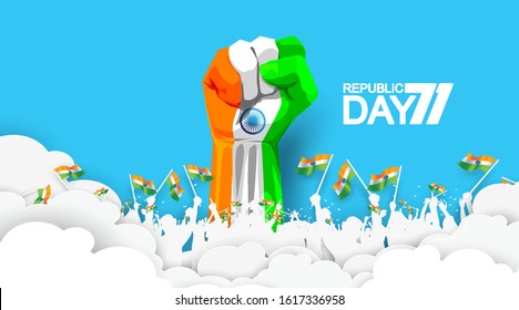 71 years india republic day with hand fist in national flag color theme. People cheering and celebrating with holding flag. Abstract modern background national day. - Vector