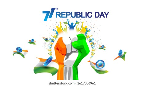 71 years india republic day with hand fist in national flag color theme. People cheering and celebrating with holding flag. Abstract modern background national day. - Vector