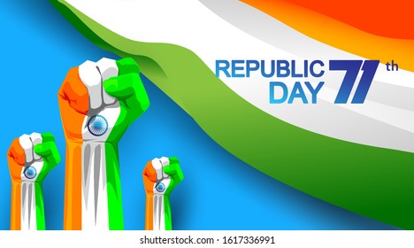 71 years india republic day with hand fist and waving flag. - Vector
