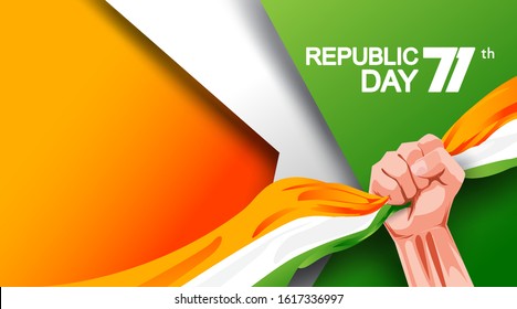 71 years india republic day with hand fist and waving flag. - Vector