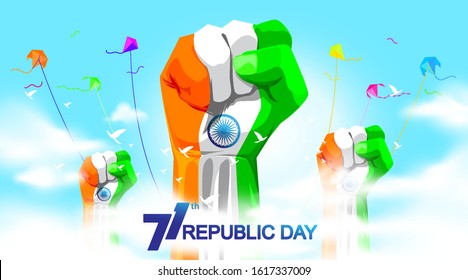 71 years india republic day with hand fist and waving flag. - Vector