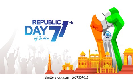 71 years india republic day with hand fist in national flag color theme. Monuments background with people. - Vector