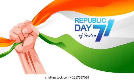 71 years india republic day with hand fist and waving flag. - Vector