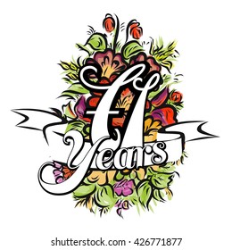 71 Years with nice bouquet of flowers, Greeting Card Design, Vector Hand Drawn Artwork