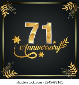 71 years old luxurious logo. anniversary year of vector gold colored template framed of palms.

