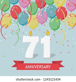 71 years selebration. Happy Birthday greeting card with candles, confetti and balloons
