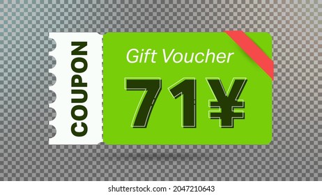 71 Yuan coupon promotion sale for website, internet ads, social media.Big sale and super sale coupon code Japanese yen 71 discount gift voucher coupon vector illustration summer offer ends weekend