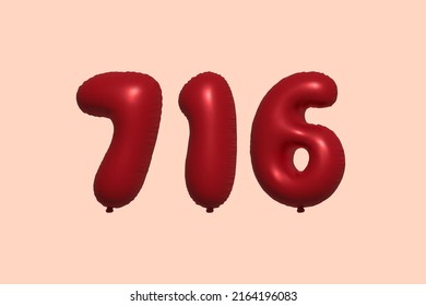 716 globo 3d número hecho de representación 3d de globo metálico realista. Globos 3D de helio rojo para la venta decoración Fiesta Cumpleaños, Celebración de Aniversario, Fiesta de la Boda. Ilustración del vector