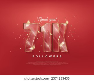 71k followers celebration. with glass figures on a red background.