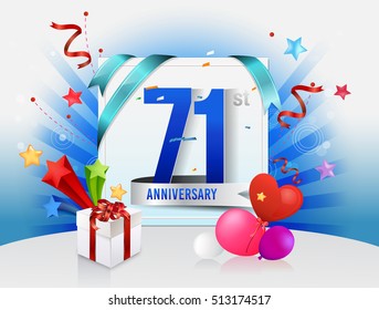 71st anniversary celebration with colorful confetti and balloon with shiny blue background