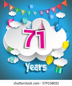 71st Anniversary Celebration Design, with clouds and balloons, confetti. Vector template elements for your, seventy one years birthday celebration party.