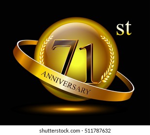 71st anniversary celebration with gold ring and laurel on black isolated background