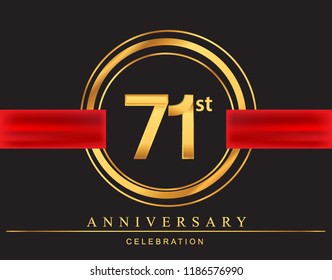 71st anniversary design logotype golden color with ring and red ribbon for anniversary celebration, elegant design.