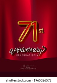 71st Anniversary Invitation and Greeting Card Design, Golden and Silver Colored, Elegant Design, Isolated on Red Background. Vector illustration.