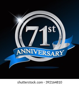 71st anniversary logo with blue ribbon and silver ring, vector template for birthday celebration.