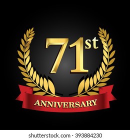 71st anniversary logo with red ribbon and golden laurel wreath, vector design for birthday celebration.