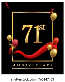 71st anniversary logo with red ribbon  and confetti golden colored isolated on elegant background, vector design for greeting card and invitation card