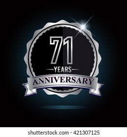 71st anniversary logo with ribbon and silver shiny badge, vector design for birthday celebration