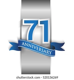 71st anniversary logo with silver label and blue ribbon, Vector design template elements for your birthday party.