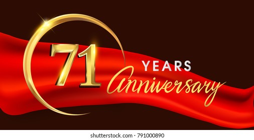 71st anniversary logotype with golden ring isolated on red ribbon elegant background, vector design for birthday celebration, greeting card and invitation card.