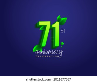 71st anniversary logotype with leaf and green colored, isolated on blue background.