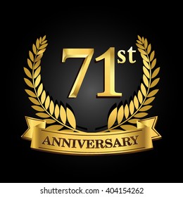 71st golden anniversary logo with ring and ribbon, laurel wreath vector design isolated on black background