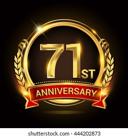 71st golden anniversary logo, with shiny ring and red ribbon, laurel wreath isolated on black background, vector design
