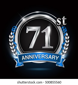 71st silver anniversary logo with laurel wreath, blue ribbon and ring. vector design