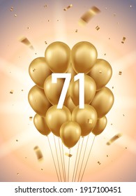 71st Year anniversary celebration background. Golden balloons and confetti with sunbeams in background.