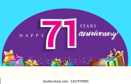 71st Years Anniversary Celebration Design, with gift box and balloons, ribbon, Colorful Vector template elements for your birthday celebrating party.