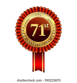 71st years anniversary golden badge with red ribbons isolated on white background, vector design for greeting card, banner and invitation card.