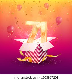 elemento de diseño vectorial de 71 años. Aislado 71 años de jubileo con caja de regalo, globos y confeti en un fondo colorido
