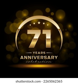 71th Anniversary Celebration. Logo design with golden ring and text for anniversary celebration event, invitation, wedding, greeting card, banner, poster, flyer, brochure. Logo Vector Template