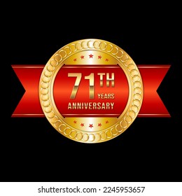 71th Anniversary. Anniversary logo design with gold color text and red ribbon for anniversary celebration event. Logo Vector Illustration