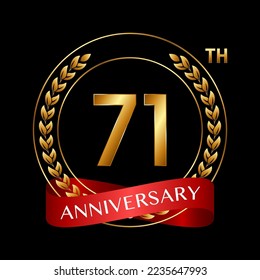 71th Anniversary. Anniversary Logo Design with Laurel Wreath and Red Ribbon for Celebration Event, Wedding, Invitation, Greeting Card. Logo Vector Illustration