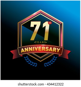 71th anniversary logo with gold ring and red ribbon. Anniversary signs illustration. Gold anniversary logo design and illustration
