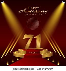 71th anniversary logo with numbers and podium in gold color, logo design for celebration event, invitation, greeting card, banner, poster, and flyer, vector template