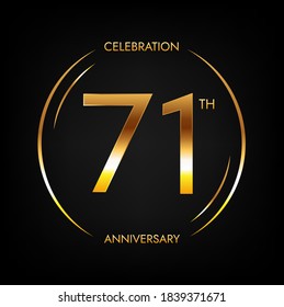 71th anniversary. Seventy-one years birthday celebration banner in bright golden color. Circular logo with elegant number design.