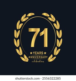 71th Years Anniversary celebration. Vector Template festive illustration Golden Color,. Birthday or wedding party event decoration.