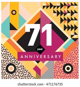 71th years greeting card anniversary with colorful number and frame. logo and icon with Memphis style cover and design template