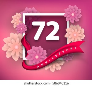 72 anniversary invitation card. Vector invitation card or 
Anniversary emblems template design. Design with abstract 
background and elegant frame with ribbon decorated and 3d flowers.