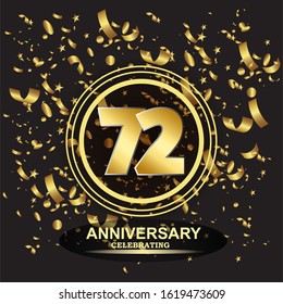 72 anniversary logo with confetti golden colored isolated on black background, vector design for greeting card and invitation card