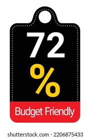 72% Budget Friendly sign tag, label vector art Black Background white and yellow lettering