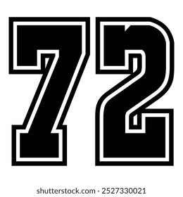 72 Classic Vintage Sport Jersey  Uniform numbers in black with a black outside contour line number on white background for American football, Baseball and Basketball or soccer for shirt