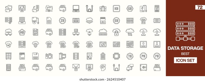 72 Ícones de armazenamento de dados: Símbolos editáveis de linha-art que representam servidores, pastas, armazenamento em nuvem, discos rígidos e transferência de dados para projetos digitais e projetos orientados por tecnologia