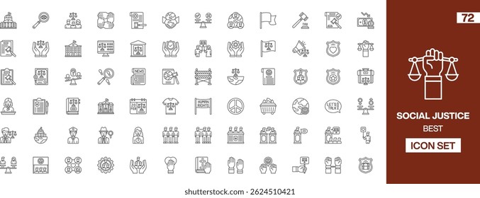 72 Editable Social Justice Icons: Scales of Justice, Handshakes, Peace Signs, and Human Rights Symbols for Advocacy Projects and Awareness Campaigns