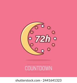 Icono de reloj de 72 horas en estilo cómico. Ilustración de vector de dibujos animados de cuenta regresiva de temporizador sobre fondo aislado. Concepto de negocio de signo de efecto de salpicadura de medida de tiempo.